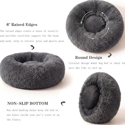 Small Calming Dogs Bed for Small Dogs Anti-Anxiety Machine Washable Fluffy Luxury Anti-Slip Waterproof Mute Base Warming Cozy Soft Pet Puppy Round Bed - color: Dark grey, size: 19 inches