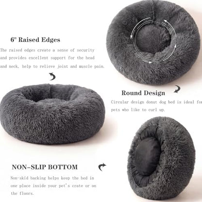 Small Calming Dogs Bed for Small Dogs Anti-Anxiety Machine Washable Fluffy Luxury Anti-Slip Waterproof Mute Base Warming Cozy Soft Pet Puppy Round Bed - color: Dark grey, size: 19 inches