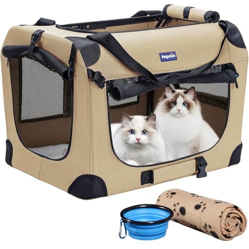 Petprsco Portable Collapsible Dog Crate, Travel Dog Crate 24x17x17 with Soft Warm Blanket and Foldable Bowl for Large Cats & Small Dogs Indoor and Outdoor - color: Beige, size: 24x17x17 Inch