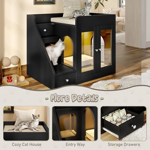 Merax Cat Litter Box Enclosure Furniture with Light,Hideaway Litter Box Furniture with 2 Storage Drawers for Living Room,Black - color: Black