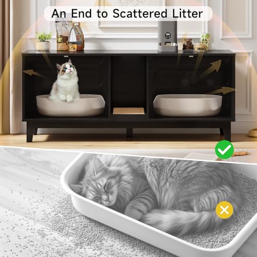 ONBRILL 59 Inches Cat Litter Box Enclosure for 2 Cats, Hidden Litter Boxes Furniture w/Cat Scratch Pad, Modern Large Pet House with Double Room, Wooden TV Stand for Living Room, Black