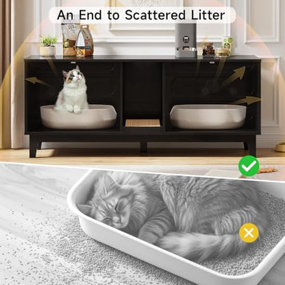 ONBRILL 59 Inches Cat Litter Box Enclosure for 2 Cats, Hidden Litter Boxes Furniture w/Cat Scratch Pad, Modern Large Pet House with Double Room, Wooden TV Stand for Living Room, Black