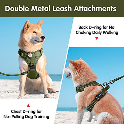 PoyPet No Pull Dog Harness and 5 Feet Leash Set, Release on Neck Reflective Adjustable Pet Vest, Front & Back 2 D-Ring and Soft Padded Pet Harness with Handle for Small to Large Dogs(Military Green,S) - color: Military Green, size: S