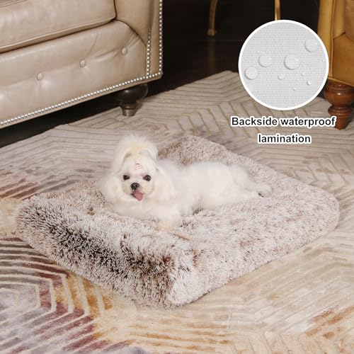 Bedfolks Waterproof Dog Crate Bed, Plush Dog Kennel Pad with Removable Washable Cover, Faux Fur, 17"x12", Brown - color: Brown, size: XX-Small(17x12'')