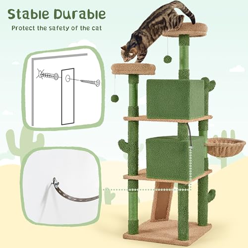 Yaheetech Cactus Cat Tree, 66?H Cat Tower for Indoor Cats, Multi-Level Cat Tree with Large Condos & Ramp, Pet Play House with Padded Perch, Platforms, Basket & Hanging Ball, Green/Brown