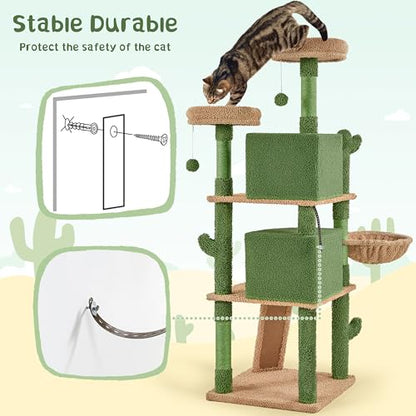 Yaheetech Cactus Cat Tree, 66?H Cat Tower for Indoor Cats, Multi-Level Cat Tree with Large Condos & Ramp, Pet Play House with Padded Perch, Platforms, Basket & Hanging Ball, Green/Brown