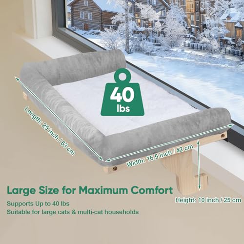 Cat Window Perch with Bolster, Large Hammock Bed for Indoor Cats, Solid Wood & Metal Frame Mounted Perch, Cozy Sunbathing Lounge Bed, 25” Wide (Grey Bed) - color: Gery