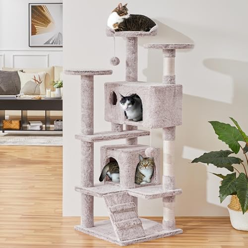 Yaheetech 54in Cat Tree, Cat Tower with Double Condo, Sisal Scratching Posts, and Dangling Balls, Pet Furniture Kitten Play House - color: Brown/White, size: 54in