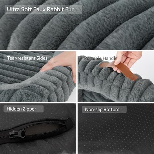Cute Washable Dog Bed for Small Dogs -Soft Plush Calming Puppy & Cat Bed with Anti-Slip Bottom, Rectangle Anti-Anxiety Puppy Kennel Bed with Handle, 25" x 21" x 4",Grey - color: Warm Gray, size: 25"L x 21"W x 4"Th