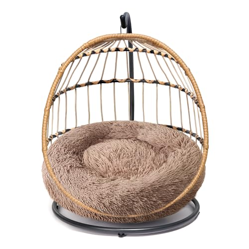 SWITTE Cat Hammock Chair Bed - Removable & Washable Cushion, Hanging Rattan Swing for Indoor Outdoor Cats & Small Dogs, Adjustable Pet Swinging Hammock with 3 Modes - Khaki - color: Khaki