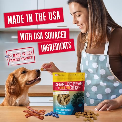 Charlee Bear Crunch Grain Free Dog Treats, Bacon and Blueberry, 8 Ounce Resealable Bag, Low Calorie Training Treats for Dogs, Limited Ingredient, Healthy, Crunchy Dog Snacks, Made in USA - size: 8 Ounce (Pack of 1)