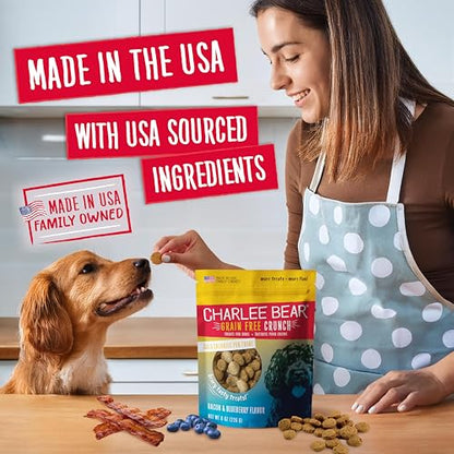 Charlee Bear Crunch Grain Free Dog Treats, Bacon and Blueberry, 8 Ounce Resealable Bag, Low Calorie Training Treats for Dogs, Limited Ingredient, Healthy, Crunchy Dog Snacks, Made in USA - size: 8 Ounce (Pack of 1)