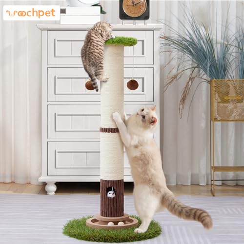 Woochpet 34inches Tall Cat Scratching Post with Cat Ball Track Toy Heavy Duty and Thicker Large Diameter Natural Sisal Cat Scratcher Post for Indoor Cats Protect Your Furniture