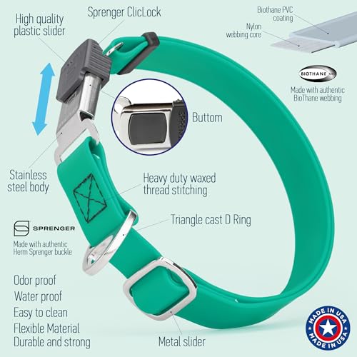 Biothane Waterproof Durable Dog Collar with Herm Sprenger - Quick Release ClicLock Buckle - Fits Medium and Large Dogs - Made in USA (Teal, W 1" x L 15"-25") - color: Teal, size: W 1" x L 15"-25"