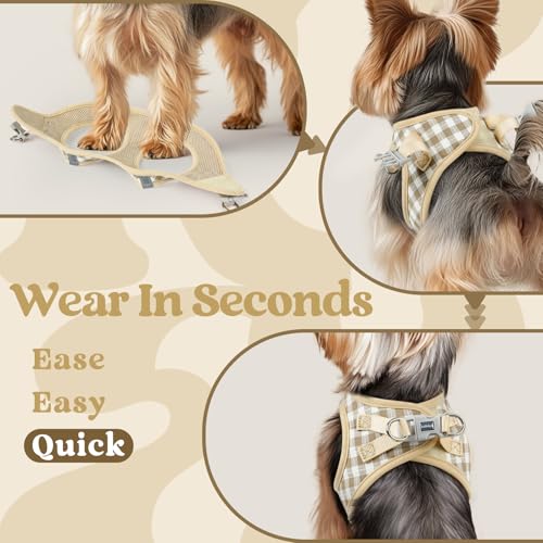 rabbitgoo Small Dog Harness, Step-in Soft Mesh Puppy Vest with Safety Buckle, Breathable Reflective Pet Harness for Small Sized Dogs, Beige Plaid XS - color: Beige Plaid, size: Xs(chest:13.3"-15.5")