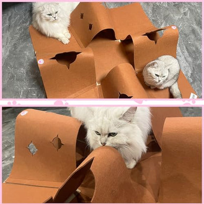 Interactive Cat Tunnel Mat for Indoor Cats, 4-Way Felt Cat Cave with Hanging Ball, Foldable Kitty Play Mat and Hideout, Pet Enrichment Toy for Kittens, Rabbits, Small Pets - color: Brown