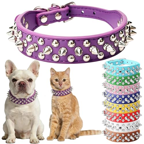Spiked Dog Collar for Small Dogs, Purple Female Studded Dog Collar PU Leather Mushrooms Rivet Spike Puppy Collars for XXS XS Small Medium Large Dogs and Cats, S - color: Purple, size: S(Neck 10-13")