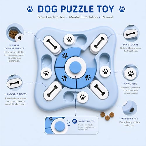 Dog Puzzle Toy Slow Feeder Bowl, Interactive Pet Feeder Toy, Treat Dispensing Puzzle Game for IQ Training, Treat Hiding, Foraging Play, Enrichment Toy for Small Medium Large Dogs & Cats