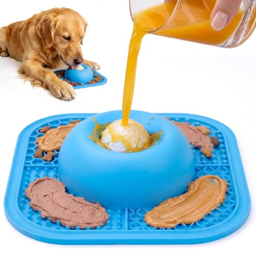 Slow Feeder Dog Bowls & Lick Mat for Liquid and Thick Treat, Anti-Slip Dog Lick Bowl with Interactive Rolling Ball, 5/6 Cup Pup Licking Toy for Large Medium Small Dogs and Cats Blue - color: Blue