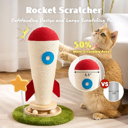 Cat Scratching Post, Rocket Cute Sisal Cat Scratcher with Durable Solid Wood Turntable Toy, Cat Scratch Post Red Cat Scratcher with Spinning Star Toy for Indoor Adult Cats - color: Red Rocket