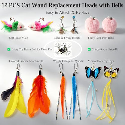 Suction Cup Cat Toy for Indoor Cats, 4 Play Modes Hands Free Interactive Cat Teaser Wand with 12 Replaceable Bell Attachments, Self Play Kitten Toys for Boredom Relief and Exercise