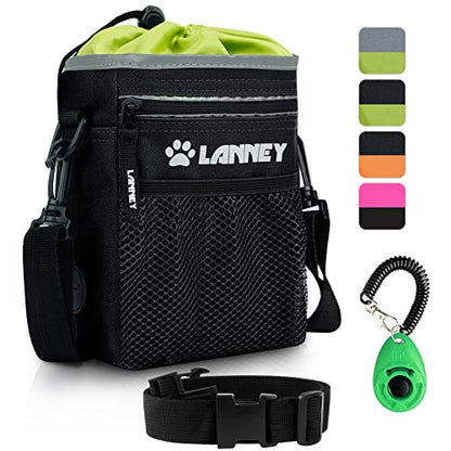 Dog Treat Pouch Pet Training Bag for Small to Large Dogs, Treat Tote Carry Kibble Snacks Toys for Training Reward Walking, Metal Clip, Waist belt, Shoulder Strap, Poop Bag Dispenser, Black with Green - color: Pouch(Black with Green)+Clicker
