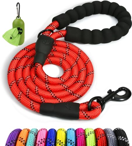 Taglory Rope Dog Leash 4 FT with Comfortable Padded Handle, Highly Reflective Threads Leash and Anti-Tangle Clip for Walking Medium Large Dogs, 1/2 inch, Red - color: Red, size: 1/2" x 4 FT (20~120 lbs.)