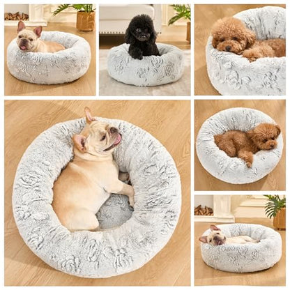 Dog Calming Beds for Small Medium Large Dogs - Round Donut Washable Puppy Dog Bed, Anti-Slip Faux Fur Fluffy Donut Cuddle Anxiety Cat Pet Bed (28" Rose) - color: Rose, size: 28"L x 28"W x 8"Th