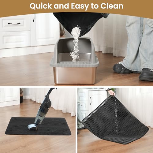 Cat Litter Mat 30x24 Inches, Honeycomb Double Layer Traps Litter & Waterproof Leatherette Bottom Prevents Urine Leaks, Durable & Easy Clean Pet Floor Protector for Cat Litter Box Area（Black） - color: Black（30x24 inch）