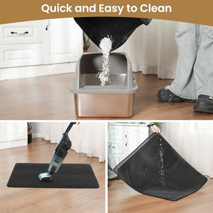 Cat Litter Mat 30x24 Inches, Honeycomb Double Layer Traps Litter & Waterproof Leatherette Bottom Prevents Urine Leaks, Durable & Easy Clean Pet Floor Protector for Cat Litter Box Area（Black） - color: Black（30x24 inch）