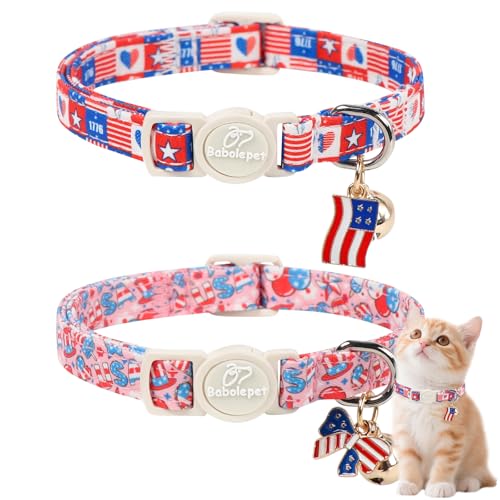 2 Pack 4th of July Cat Collars - Blue Retro Checkerboard Flag 1776 & Pink Patriotic Breakaway Cat Collars, Adjustable Soft Boy Girl Kitten Collar for Small Dogs Puppy with Bell & Pendant - color: Pink Patriotic