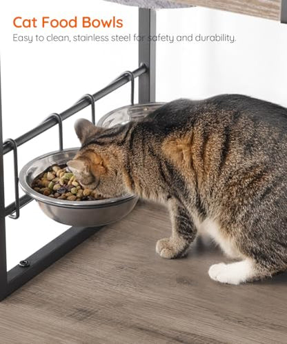 HOOBRO Cat Tree with Litter Box Enclosure, 58.7" H Cat Tower with Hidden Litter Box Furniture, with Scratching Post, Step, Hammock, Multifunctional Pet Furniture with Food Bowls, Greige BG30MZ03G1