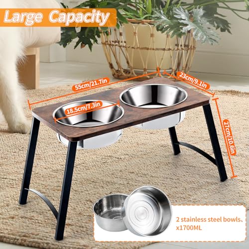 Elevated Dog Bowls for Medium and Large Dogs Wood Raised Bowl Stand with Two 1700ML (58oz) Stainless Steel Dog Food and Water Bowls,Non-Slip - color: Black&brown-Medium&Large