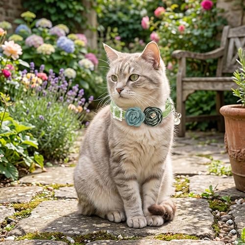Cat Collars with Bell - 2 Pack Breakaway Floral Cute Cat Collars for Girl Boy Cats, Kitten, Puppy - Adjustable (7.5"-12.5") Soft Velvet Cat Collar Accessories - color: pink+green