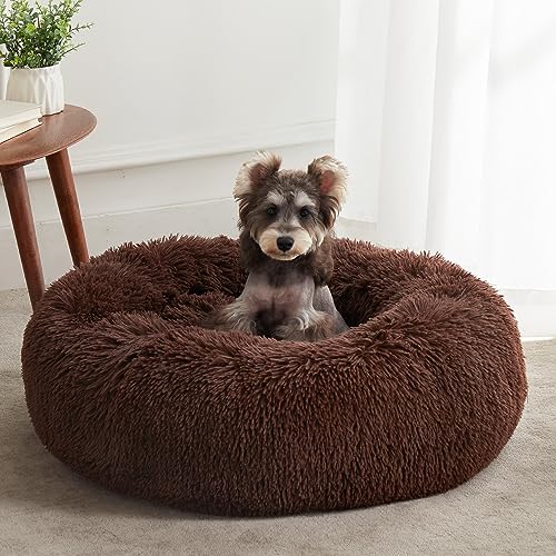 WESTERN HOME WH Calming Dog Bed & Cat Bed, Anti-Anxiety Donut Dog Cuddler Bed, Warming Cozy Soft Dog Round Bed, Fluffy Faux Fur Plush Dog Cat Cushion Bed for Small Medium Dogs and Cats - color: Coffee, size: 27.0"L x 27.0"W x 8.0"Th