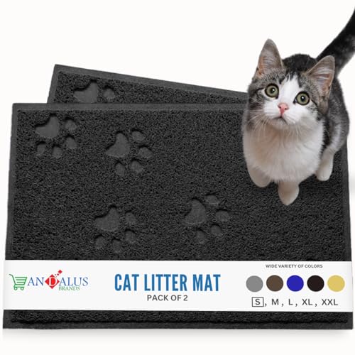 Andalus Small Cat Litter Mat, Pack of 2 - Waterproof, Non-Slip & Easy to Clean Cat Litter Box Mat for Extra Efficient Pet Litter-Trapping, Black (15.75” X 11.75”) - color: Black