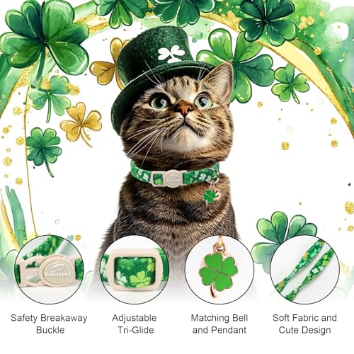 2 Pack St. Patrick’s Day Cat Collars - Breakaway Cat Collar with Bell, Lucky Clover Pendant, Adjustable Cute Green Bold Shamrock Kitten Collars for Boy Girl Cats - color: Bold Lucky Shamrock