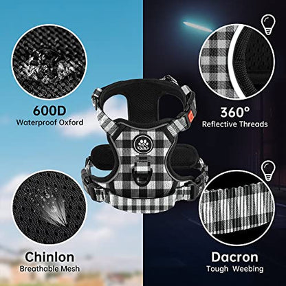 Dog Harness (Checkered Black,S) with Leash, Reflective, Adjustable, Soft Padded, Easy Control Handle, for Small Dogs, Front & Rear Clip Design - color: Checkered Black, size: 【S】neck 11-15" chest 15-21"