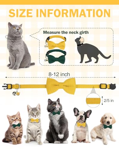 Cat Collar Breakaway with Bells, Soft Cotton Green Cat Bowtie Collar for Girl Boy Cats, Small Cats Collar with Bow for Spring Summer,2 Pack Cute Kitten Collars with Removable Bowtie 8-12Inch - color: Mustard Yellow + Forest Green