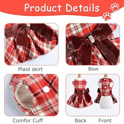 Dog Sweater Dress,Red Plaid Dog Dress Winter Clothes for Small Dogs Girl Fancy Sequin Puppy Fleece Lining Sweater Pet Coat Cat Apparel, XXS - color: Plaid Red, size: XX-Small (Chest 11.8 in)