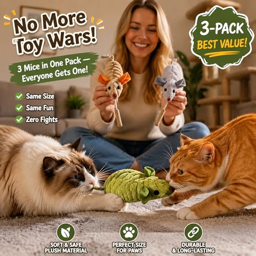 3Pcs Cat Toys Squeak Mice Catnip Toys for Indoor Cat Dental Chirping Mouse Plush Kitten Stuffed Toy Cleaning Teeth Matatabi Bite Interactive Cat Gifts Kitty Toy - size: 3Chirping-Mice
