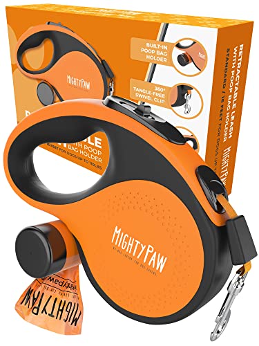 Mighty Paw Retractable Leash with Built-in Poop Bag Holder | 16' Long Retractable Dog Leash for Small Dogs, Medium Breeds & Large Pets with Tape for Quick Control. Poop Bags Included - color: Deluxe Orange, size: 50 - 110 lbs
