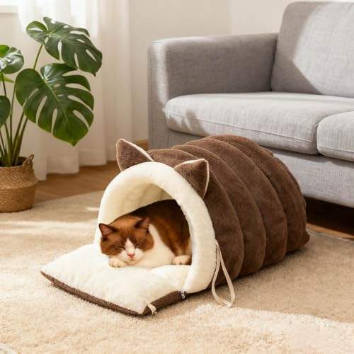 Washable Cat Bed - Warm Plush Washable Non-Slip | Semi-Enclosed Kitten Bed Cat Furniture,for Kitten Puppy Pet Sleeping Calming Cold Weather Indoor Home Decor Apartment Living Room (Coffee) - color: Coffee