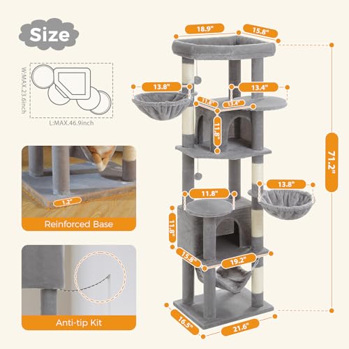 71.2 Inches Tall Cat Tree for Large Cats, Multi-Level Cat Tower with 2 Cozy Condos, Super Large Top Perch, 3 Hammocks, Sisal Scratching Posts and 2 Pompoms, Grey - color: Grey, size: 71.2 Inches