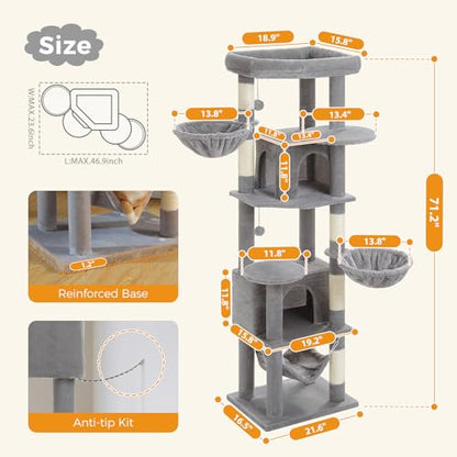 71.2 Inches Tall Cat Tree for Large Cats, Multi-Level Cat Tower with 2 Cozy Condos, Super Large Top Perch, 3 Hammocks, Sisal Scratching Posts and 2 Pompoms, Grey - color: Grey, size: 71.2 Inches