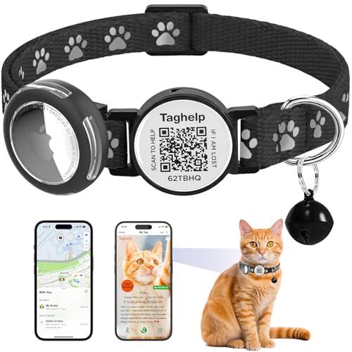 Waterproof Breakaway Cat Collar with Paw Prints - Secure AirTag Holder & Free QR Code Tag, Adjustable & Safe Kitten Collar for Apple Tracking (Black) - color: Paw Prints - Black