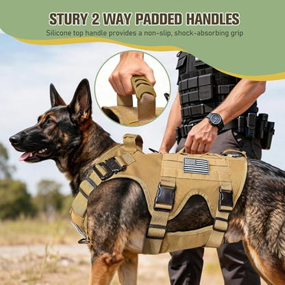 Tactical Dog Harness for Large Dog, Dog Collar and Bungee Leash Set No-Pull Military Dog Harness - Walking Training Gear for Large Dogs, Adjustable for Medium,Chest 21.5"-45", Khaki