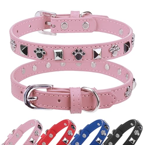 SCENEREAL Leather Dog Collars for Small Medium Dogs with Rivet, Adjustable Studded Cute Dog Collar for Pet Boy Girl Kitten Cats, Bling Spiked Puppy Collars, Pink XS - color: Pink, size: X-Small (Adjustable Neck 8"-11")
