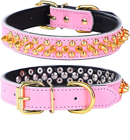 Spiked Studded Dog Collar, Soft Genuine Leather Dog Collar, Adjustable Dog Collars for Small Medium Large Dogs Breeds Pit Bull (S fit Neck 10.5-13", Pink) - color: Pink, size: S fit Neck 10.5-13"