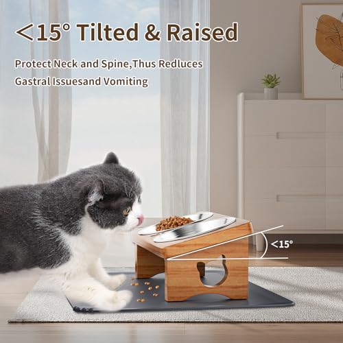Elevated Cat Bowls with Silicone Mat, 15° Tilted Solid Wood Stand, Raised Stainless Steel Food & Water Dishes for Cats and Small Dogs, Anti-Vomiting Design(Teak) - color: Teak